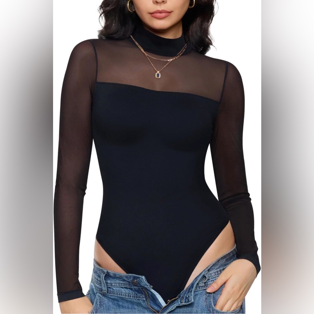 NWOT Elegant Black Sheer Long Sleeve Bodysuit